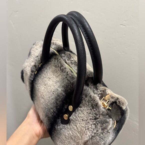 2 Tone Gradient Real Rex Rabbit Fur Boston Bag/Crossbody & 2 Fur Balls Charm - Picture 11 of 16